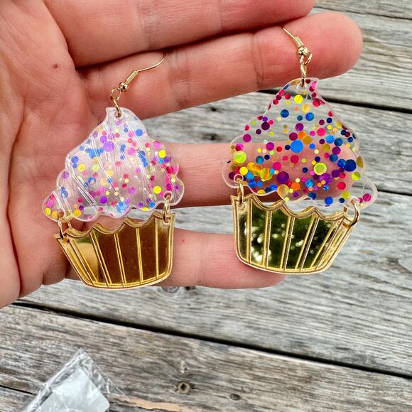 Cupcake Earrings Birthday Earrings Confetti Cupcake Earrings - Picture 2 of 4